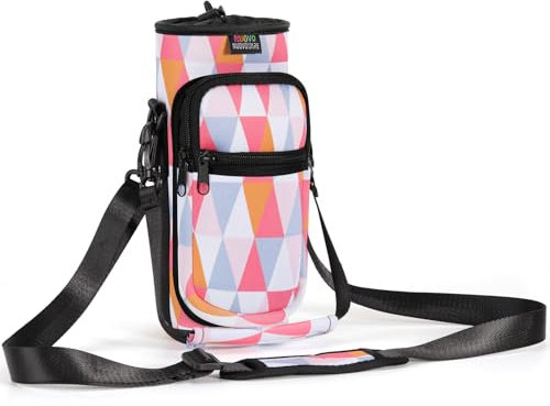 Nuovoware Sac à Bouteille en Néoprène, 750ml Porte-Bouteille avec Bandoulière&Dragonne Ajustable, Sac Fourre-Tout avec Poche, Accessoire Parfait pour Voyage Randonnée Camping, Rhombique Rose
