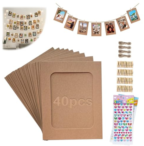 PDKKFF 40 Stück Fotogirlande 10x15cm, 6 Zoll Kraftpapier Fotorahmen | Braun Papier Bilderrahmen mit Holzklammern, Hanfseil, Aufklebern für Foto-Deko, Hochzeit, Geburtstag, Party, Jubiläum