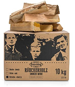 Axtschlag Räucherholz Kirsche, 10 kg sortenreines Smoker Wood mit Rinde, Scheitholz mit ca. 25 cm Länge für Räucheröfen, größere Kohlegrills und Smoker