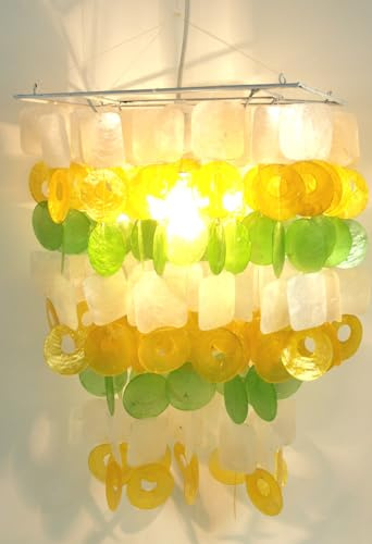 GURU SHOP Deckenlampe/Deckenleuchte, Muschelleuchte aus Hunderten Capiz, Perlmutt Plättchen - Modell Seventy Weiß-gelb-grün, 45x30x20 cm
