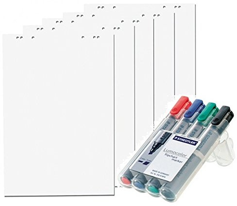 5x Flipchartblöcke + 4er Set Flipchartmarker, weiß Blanco, je Block 20 Blatt 69x99 cm, 6 fach Lochung, perforiert, Papier für Flipchart (5 Blöcke + Markerset 4er)