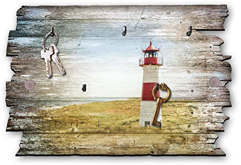Kreative Feder Leuchtturm Designer Schlüsselbrett, Hakenleiste im Landhaus-Stil, Shabby-Chic aus Holz 30x20cm (Leuchtturm rot)