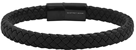 Geoffrey Beene Men's Braided Genuine Leather Bracelet with Stainless Steel Closure, Black