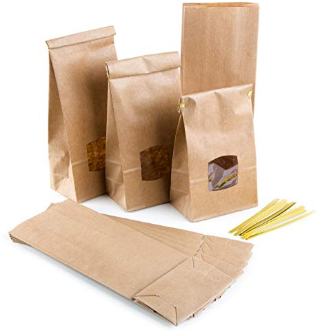 Sacchetti carta kraft con finestra, 10 pezzi: buste grandi con clip, bustine per tè, spezie, dolci, regali, biscotti, alimenti, confezioni creative fai da te, 10 x 6,5 x 27,5 cm