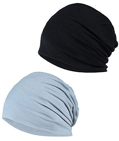 YOFASEN Berretto Slouchy - Cappello in Cotone Chemio Cancro Cappuccio per Dormire Cappuccio Turbante Copricapo Elastico Musulmano per Donna Uomo(2 pacchi), Nero + Grigio Chiaro, Taglia Unica