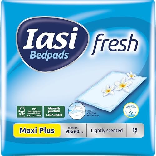 IASI Bedpad Fresh, Einweg-Bettquerträger 60x90, Maxi Plus Saugfähigkeit, Geruchskontrolltechnologie mit zartem Duft, 15 Stück