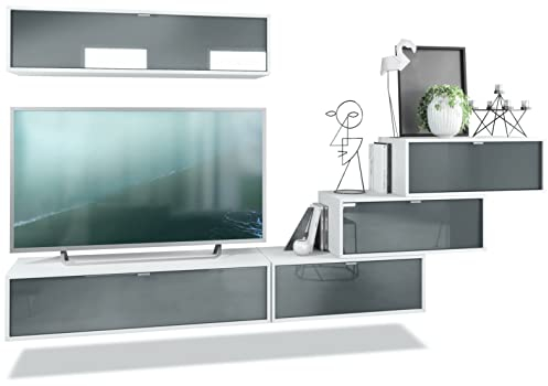 Vladon Wohnwand Lana V1 Anbauwand aus 5 Hängeelementen mit 12 Fächern, Made in Germany, Korpus in Weiß matt, Fronten in Grau Hochglanz | Große Farbauswahl