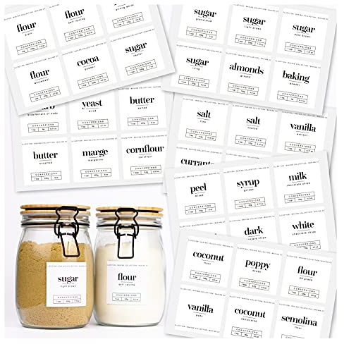 36 x Baking Collection Labels for Jars - Contemporary Printed White Sticky Labels for Kitchen Storage with Conversion Chart