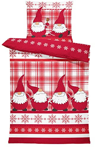 one-home Flausch Bettwäsche 135x200 cm Wichtel Christmas kariert rot Winter Thermofleece