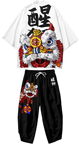 DOSLAVIDA Ensemble de veste kimono japonaise pour homme - Élégant manteau ouvert sur le devant avec short - Costumes cardigan imprimés de style chinois