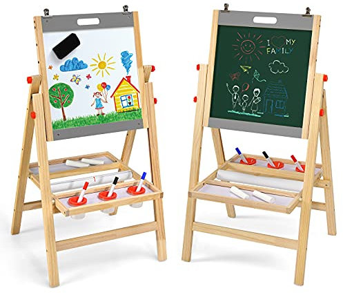 GOPLUS Doppelseitige Staffelei, Faltbare Kindertafel, Höhenverstellbare Standtafel, mit Kreide Tafelradierer Whiteboardmarker, aus Neuseeland-Kieferholz, für Kinder ab 3 Jahren (Grau)