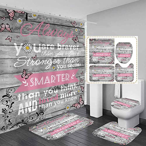 AAtter 4 Piece Pink Shower Curtain Set Kids Girl Girly Cute Women Toddler Grey 60Wx72L Inch Decor with Non-Slip Rugs, Toilet Lid Cover and Bath Mat Bathroom Accessories Home Bathtub Set, Inspirational