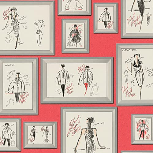 Papier peint original motif cadre haute couture | Tapisserie mode rouge, blanche & grise chambre ado | Papier peint rouge fashion couloir