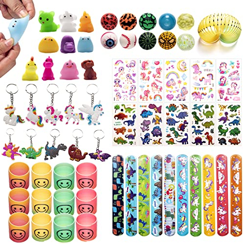 WAORZMK Party Bag Fillers for Kids Unisex with Slinky, Slap Bands, Kids Tattoos, Bouncy Balls, Keychains, Mochi Squishy Toys, Assortment Stocking Fillers Boys Girls Lucky Dip Prizes
