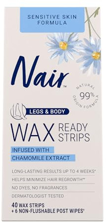Nair Sensitive Hair Remover Mess-Free Wax Ready Strips, Legs and Body Easy Hair Removal Wax Strips for Sensitive Skin, Chamomile Extract, Dermatologist Tested, Plus 6 Post Wipes, 40 Count