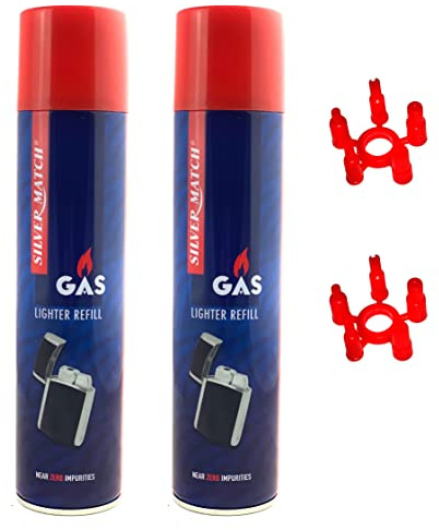 Silver Match 2 x 300 ml Feuerzeuggas Universalgas Nachfüllflasche Nachfüllgas Butangas Nachfüller für Feuerzeug Küchenbrenner und Flambierbrenner + IG Adapter