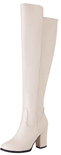 Diuniarza Stivali da Donna con Tacco Alto Sopra Il Ginocchio, Stivali da Vestito Eleganti Zip Stivali Alti Tacco Alto Punta Rotonda Thigh High Boots Classic Winter Riding Boots Beige Numero 37 EU