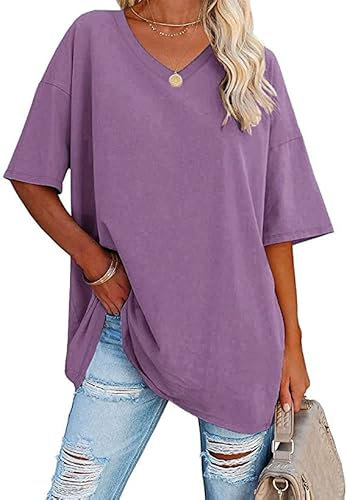 Ebifin Damen Oversize T Shirt mit V-Ausschnitt Kurzärmeliges Casual Lockere Basic Sommer Tee Shirts Bluse.Lila.L