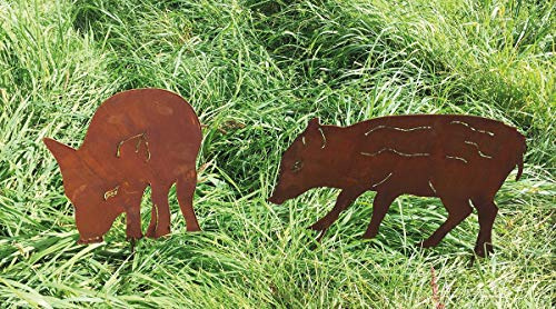 STEINFIGURENWELT GIEBEN 2er Set Frischlinge 30cm hoch zum Stecken Gartenstecker Wildschwein Edelrost Gartendeko Wetterfest Rost Gartenfigur Metall Rostfigur Jagd Tier Wald Herbst