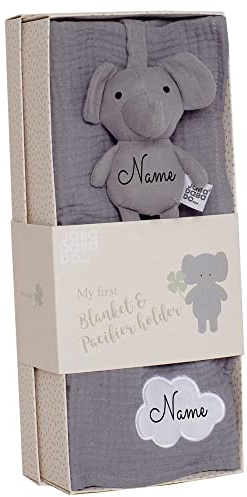 Geschenkset Schnullerhalter und Baby Decke mit Name personalisiert in Geschenkverpackung Elefant