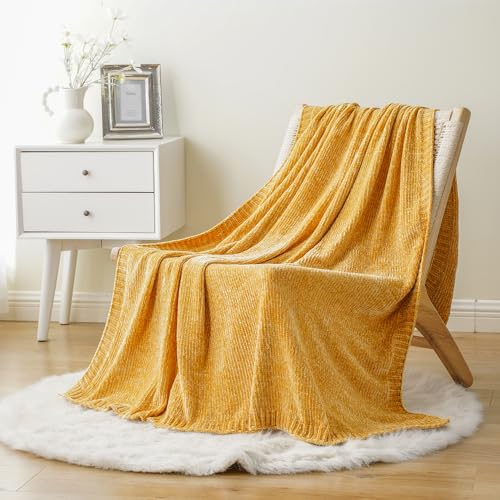 BATTILO HOME Yellow Throw Blanket for Bed Sofa Couch Chair, Mustard Chenille Knitted Throw, Soft Warm Cozy Decorative Bed Blanket, Yellow Sofa Throws, 130x170cm