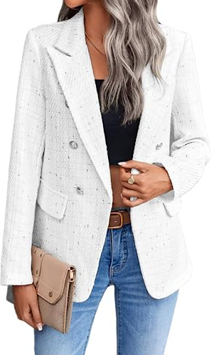 Mina Self Tweed Plaid Blazer für Frauen 2023 Neue Herbst Winter Mode Blazer Open Front Arbeitsjacke mit Tasche (S-XXL), 1-weiß, XL
