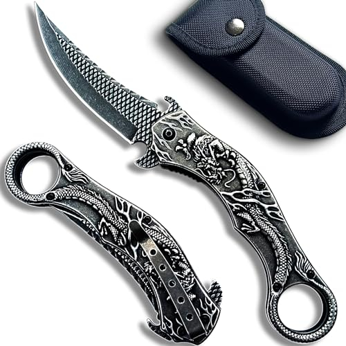 MADSMAUG Drache Klappmesser, 60HRC 9Cr18Mo KLINGE Klappmesser mit Scheide, coole Taschenmesser Geschenk Edc Messer für Männer im Freien Überleben Camping (schwarz)