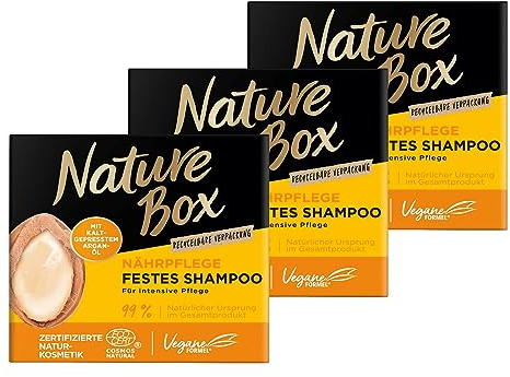 Nature Box festes Shampoo Nährpflege (85 g), festes Haarpflege-Shampoo mit Argan-Öl sorgt für intensive Pflege, recycelbare Verpackung, 3x 85 g
