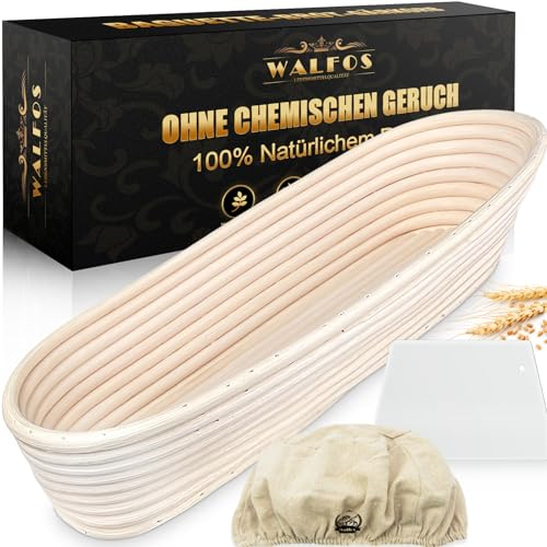 Cesta de fermentación ovalada Walfos® para hacer pan, Panera de Mesa, 35 cm, de ratán natural, cesta de fermentación para pan con juego para hornear pan con forma perfecta, con raspador de masa.