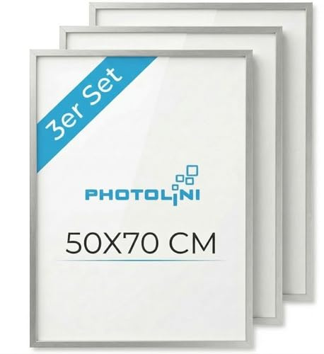 PHOTOLINI Bilderrahmen 50x70 Holz MDF 3er Set Silber, 50x70 cm Bilderrahmen groß, Rahmen 70x50 Puzzle, bruchsicheres Acrylglas, picture frame zum Aufhängen, Fotorahmen für Puzzle, Fotos & Poster