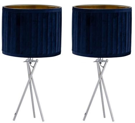 firstchoicelighting Set of 2 Polished Chrome Tripod Table Lamps or Bedside Lights, Modern, Navy Blue Pleat Velvet Shade, Height 54cm, LED Compatible