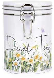 Purely Home Spring Daffodils Decaf Tea Canister - White Metal Clip Lid Kitchen Food Storage Jar/Container 700ml (13cm x 9.5cm)