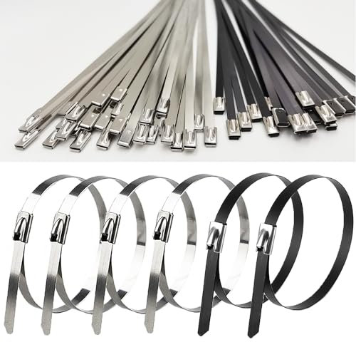 60 Pezzi 4,6×300mm Fascette Acciaio Inox, Fermacavo Metalliche Autobloccanti Temperatura Resistenza Corrosione, Stringicavo Fermacavi per Fasci Cavi, Fascette Ferro (Nero/Argento)