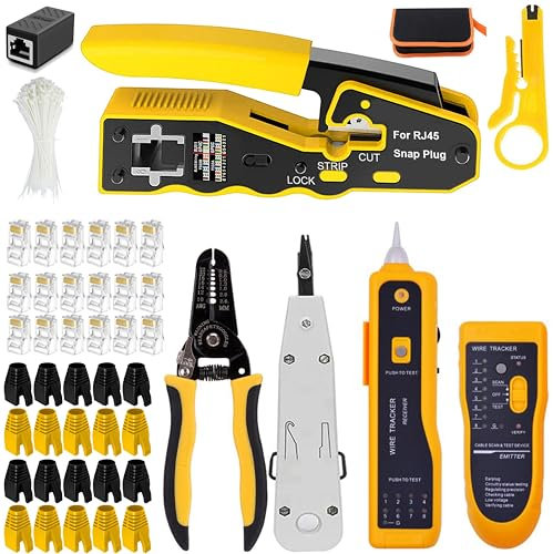 MAYLINE RJ45 Herramienta de cable de Crimpador de red, profesional de Mantenimiento RJ45/CAT5/CAT6, pelacables alicates de, LAN Probador de cables de red 50 Conectores (Amarillo)