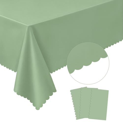 3 Pack Plastic Sage Green Tablecloth, 54 X 108Inch Scalloped Table Cover Disposable Sage Green Tables Cloth for Rectangle Tables Waterproof Table Cover for Baby Shower Bridal Tea Party Wedding