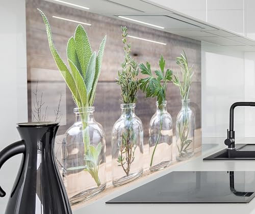 Herd Spritzschutz Wand Spüle, Küche Küchenrückwand Glasoptik | Acryl Glas 2mm | Glasrückwand Acrylglas Küchenpaneele Rückwandschutz Platte | 100x50cm Kräuter im Glas