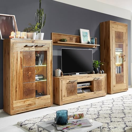 Lomadox Wohnmöbel Set Wohnwand Wildeiche massiv geölt montiert 4-teilig Modern, Highboard, Wandboard, Lowboard, Vitrine