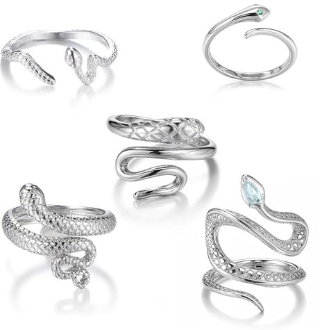 Yuanchu Vampir Ring für Frauen Schlangenring, Punk Schlangenringe 5 Stück Offene Verstellbarer Gothic Silber Vintage Fingergelenk Stapelbare Ringe Schlangen Schmuck Silber Gifts für Halloween Party