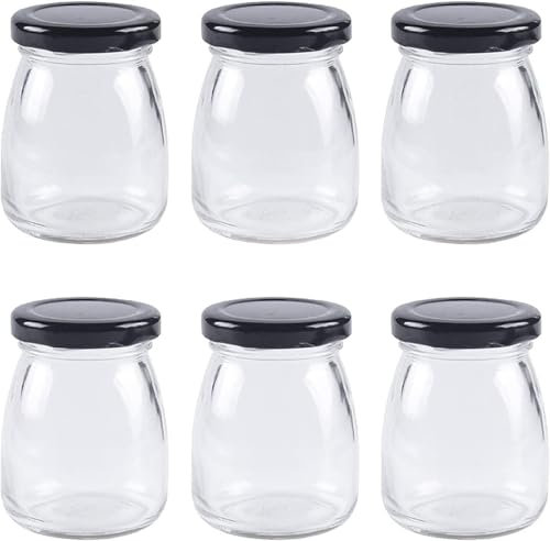 KWARE 6pcs 100ml Clear Glass Bottles with Pretty black Lids Small Glass Jars Mini Milk Bottles for Yogurt Pudding Jam