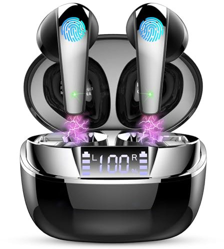 Cuffie Bluetooth, Auricolari Bluetooth 5.3 Stereo HiFi con 4 HD Mics, Cuffie Wireless in-ear LED Display, Mini Cuffiette Bluetooth 35H IP7 Impermeabile Auricolari senza fili USB-C Touch Control, Nero