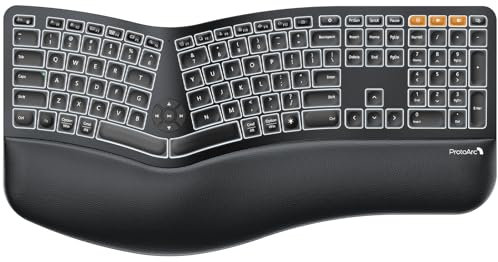 ProtoArc EK01 Plus Teclado ergonómico inalámbrico retroiluminado, teclado Ergo de tamaño completo con reposamuñecas, diseño dividido, recargable, Bluetooth y USB, escritura natural compatible con
