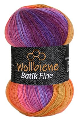 Wollbiene Batik Fine 100 Gramm Wolle mit Farbverlauf mehrfarbig Multicolor Strickwolle Häkelwolle (5600 lila beere orange)