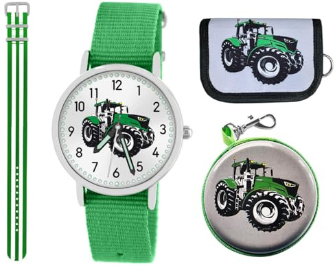 Brecjon Geschenkset 5tlg. Kinder Armbanduhr Jungen Traktor Trecker grün 5ATM wasserdicht Sammelbox Geldbörse Analog Quarz 2tes Armband
