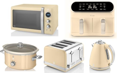 Swan Retro Cream 1.5L 3KW Jug Kettle, 4 Slice Toaster, 8L Dual Basket Air Fryer, 800W 20L Microwave and 3.5L Slow Cooker. Retro Design Matching Kitchen Appliances Set in Cream