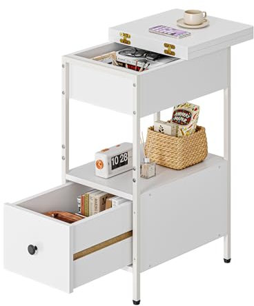 Dripex Slim 30cm Wide Side Table, Narrow Bedside Table with Drawers, Flip-Up Tabletop, Compact Cabinet Nightstand, Perfect for Small Space