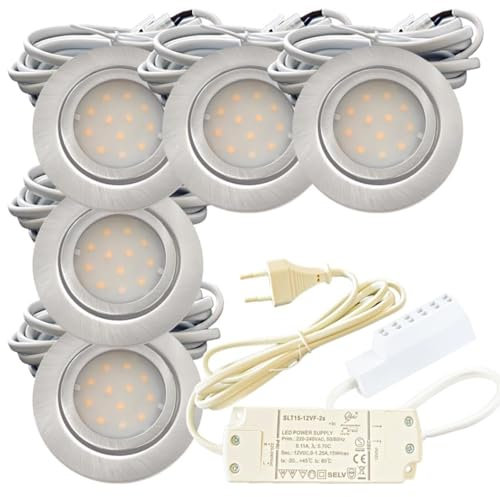 Rolux 5er Set LED Einbauleuchte Leni 12V 2W 3000K Warmweiß | Ø54-60mm Flach Edelstahl gebürstet | IP44 | inkl. Plug-and-Play Trafo & 230V Zuleitung | Für Bad, Küche, Möbel | Einheitliche Lichtfarbe