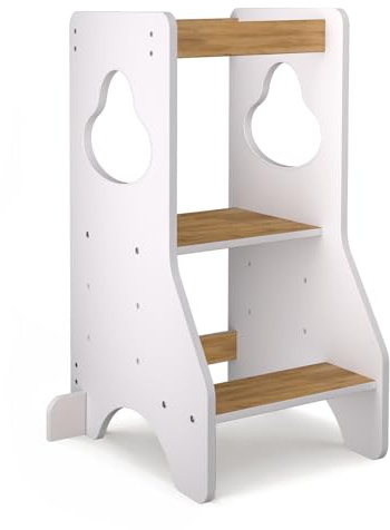 COSYLAND Lernturm ab 1 Jahr - Learning Tower - Höhenverstellbar Montessori Lernturm mit Kippschutz, 3-Fach höhenverstellbar, Weiß und Natur