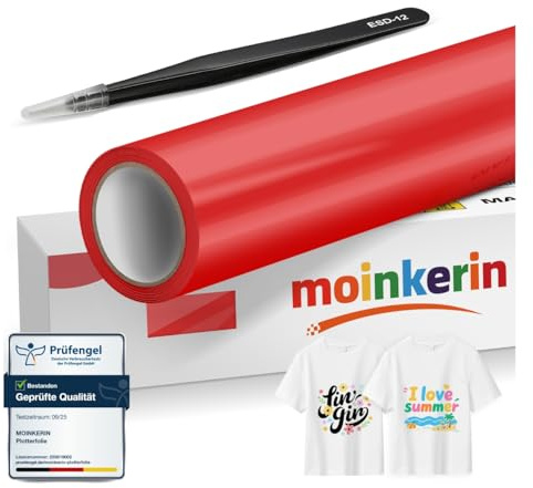 moinkerin Plotterfolie Textil Rot mit Pinzette 30,5x400cm | Haftstark & Waschbeständig für Kleidungs-DIY, T-Shirt, Hüte, Andere Stoffe | Iron On Folie für Schneidemaschinen