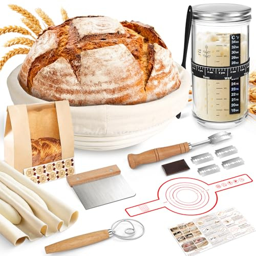 NZQXJXZ Banneton Bread Proofing Basket Set, Round Sourdough Bread Making | 32oz Sourdough Starter Jar, 100% Natural Rattan, Baking Gifts for Professionals and Home Bakers, 16pcs