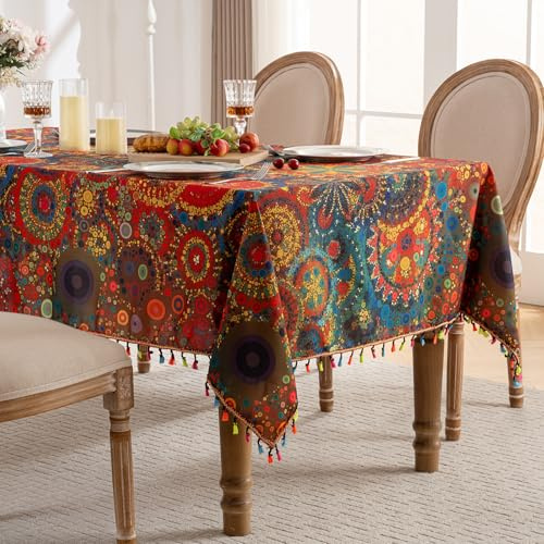 hometrixx Boho Vintage Geometrie Tischdecke mit Quasten, Tischtuch Wasserdichter Fleckenfest, Tischwäsche Küche Tisch Dekoration Drinnen Urlaub Party Dekor 150x260cm